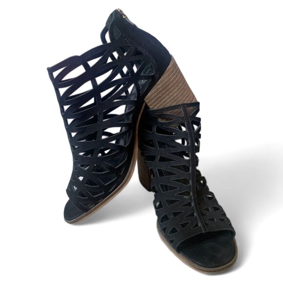 Vince Camuto Black Suede Kevston Stacked Heeled Sandals Size 8 - Picture 2 of 10